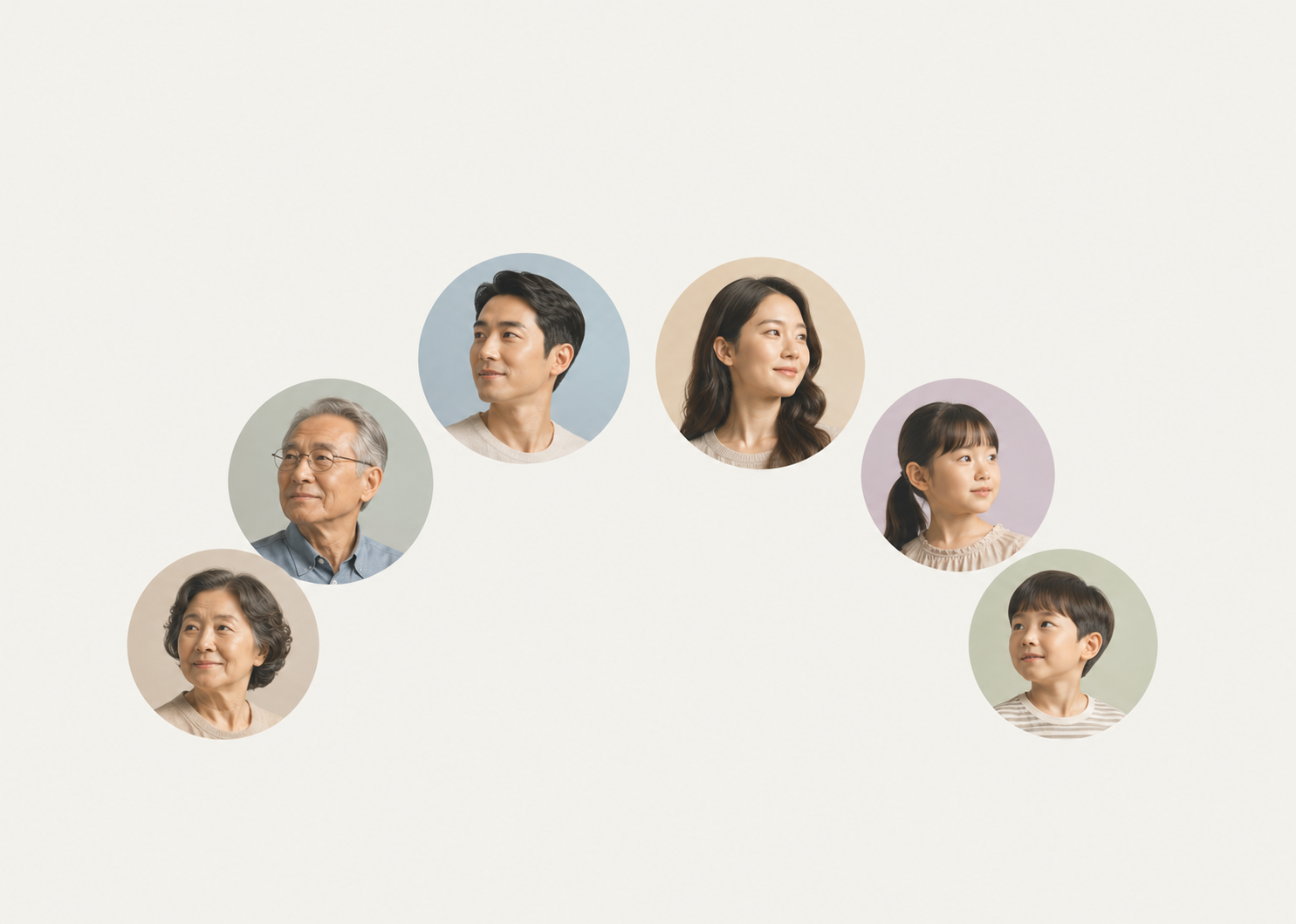 원형 프레임 안에 등장한 3대 가족 구성원의 얼굴